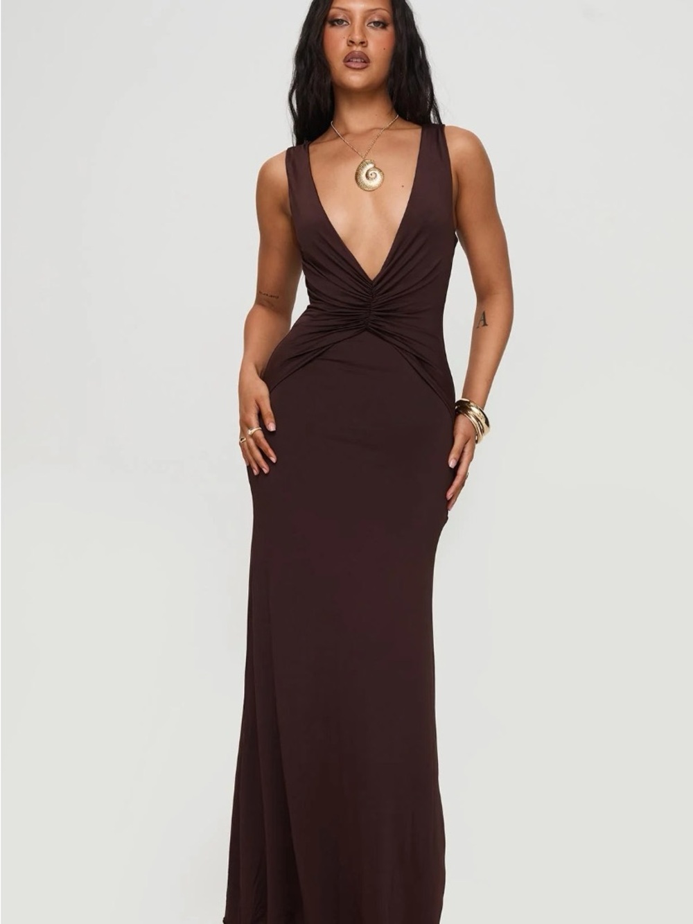 Frederica Plunge Maxi Dress Chocolate - Size 0